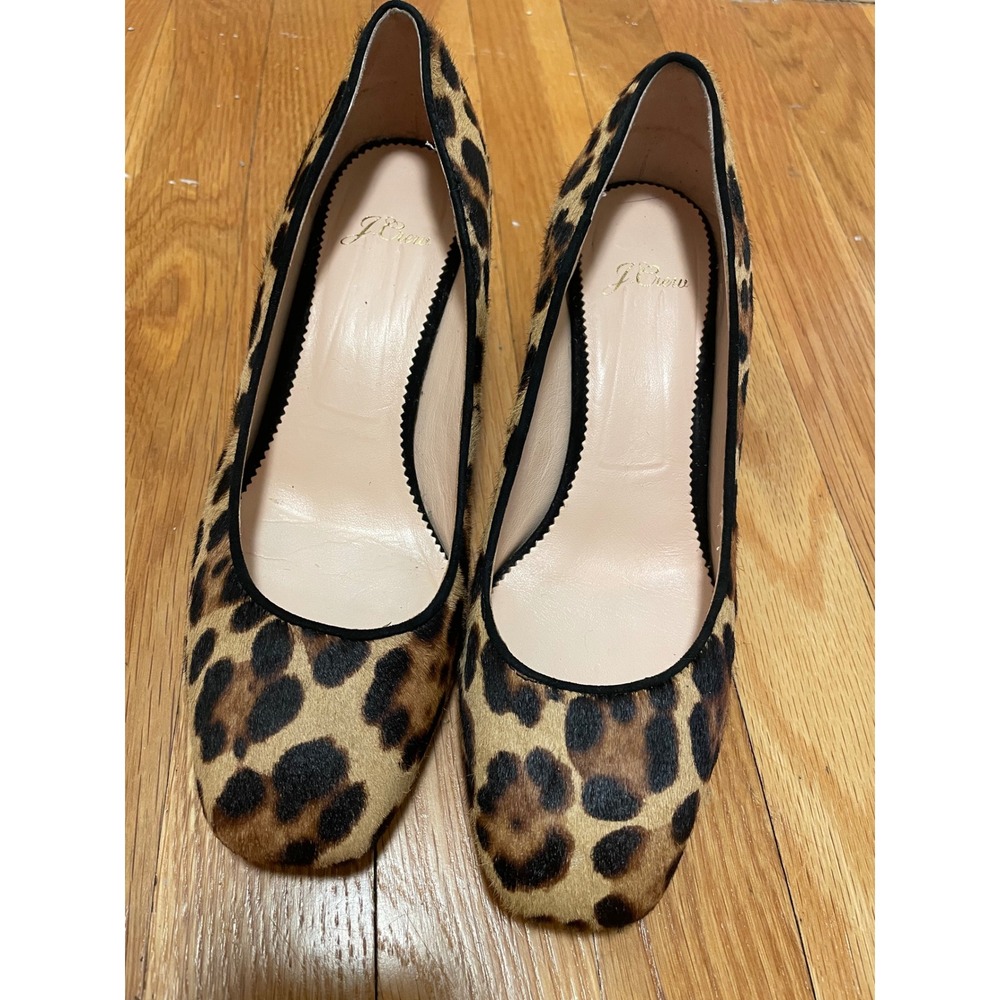 J.Crew Leopard Pumps Calf Hair Block Heel Square Toe Size 7